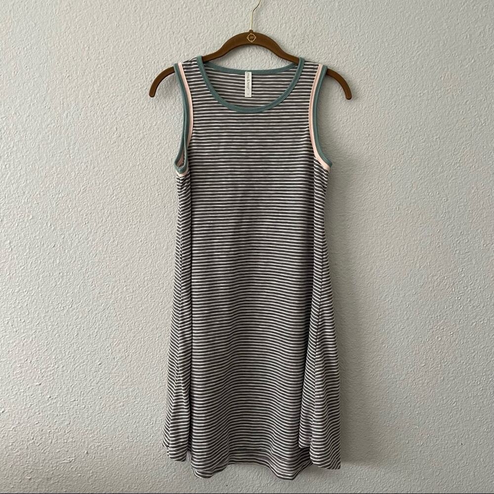 Mia & Tees Striped Mini Dress Grey White Green Trim Small